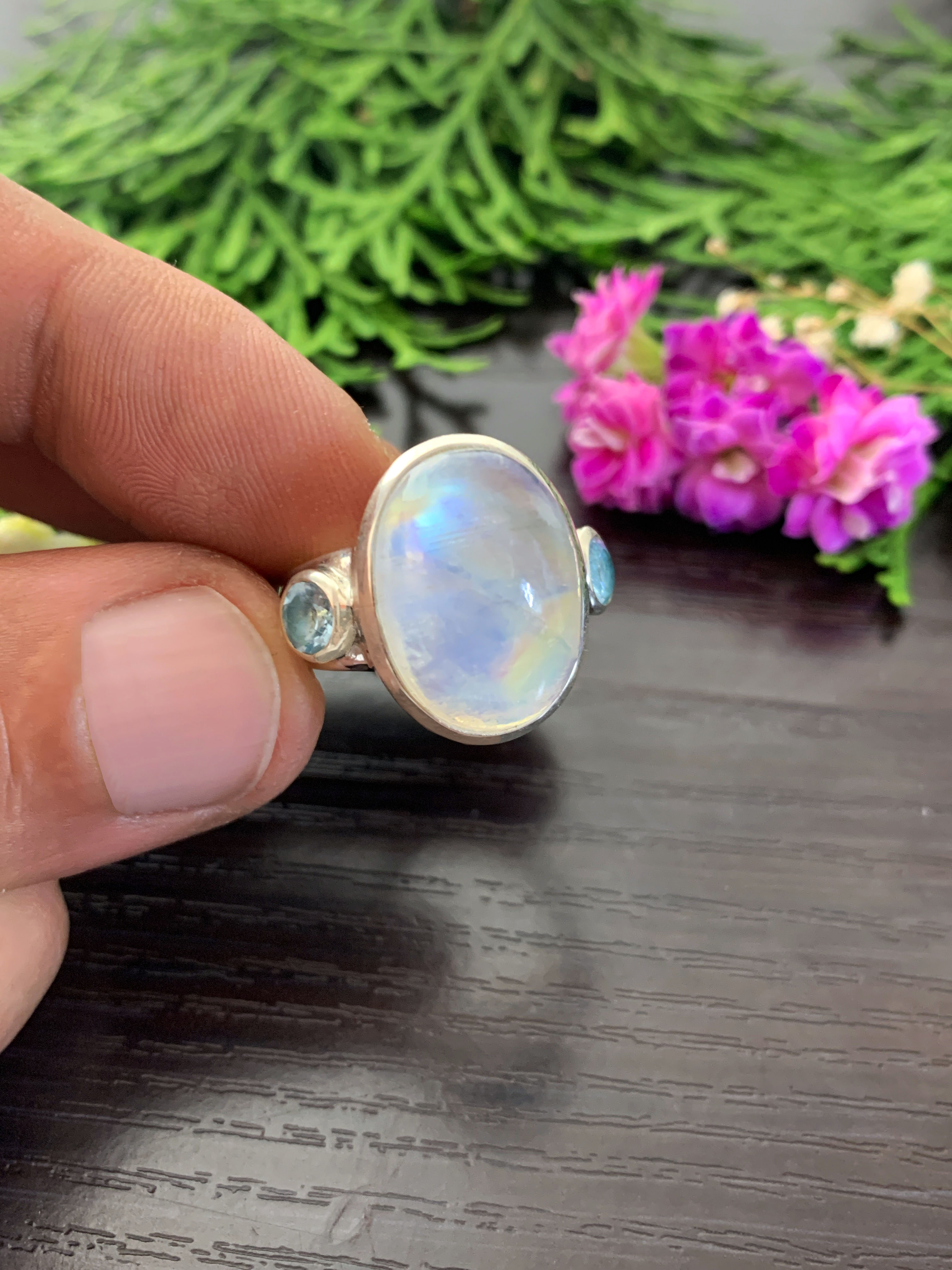 Moonstone Ring with Blue Topaz- TOP