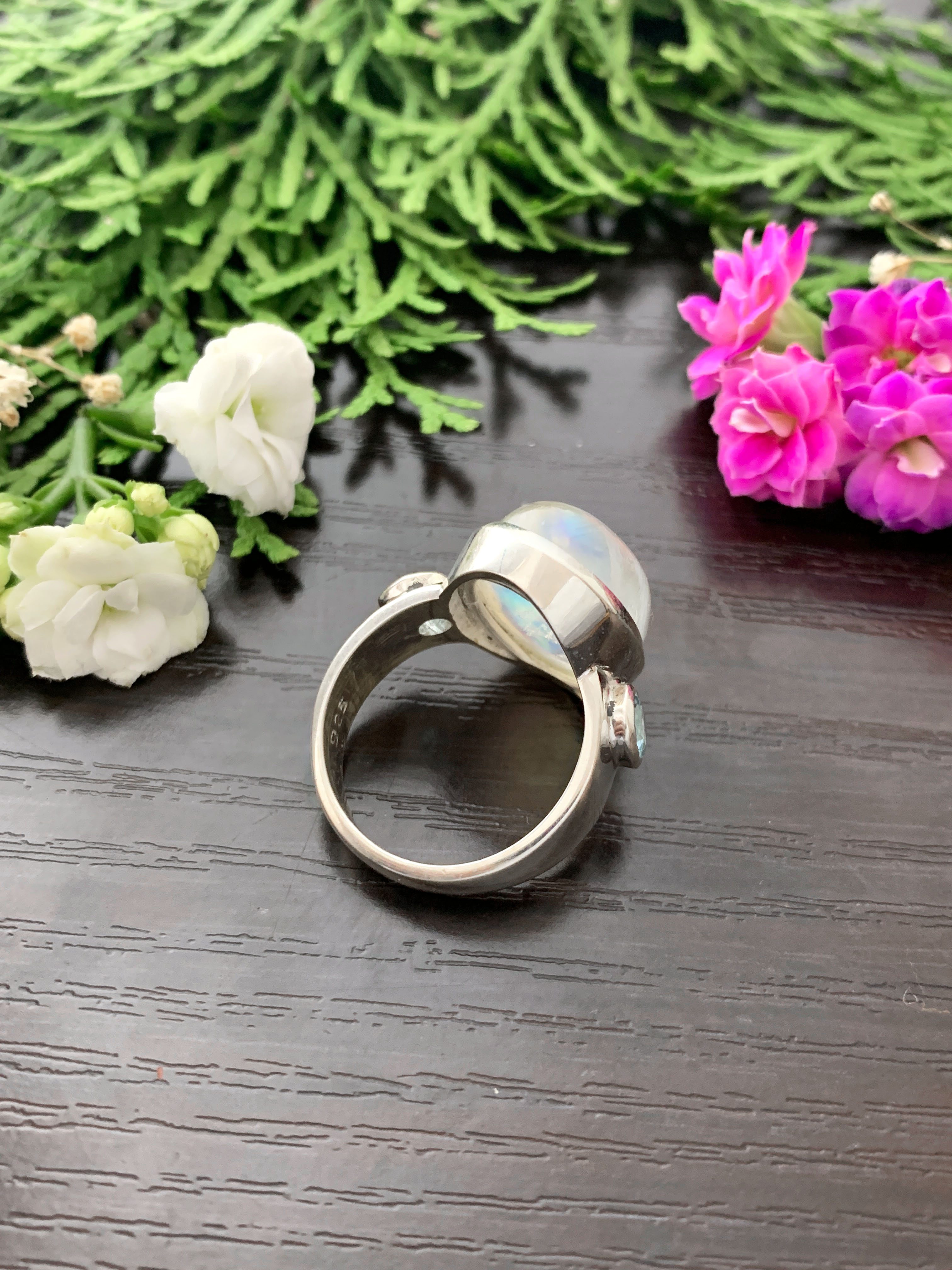 Moonstone Ring with Blue Topaz- TOP