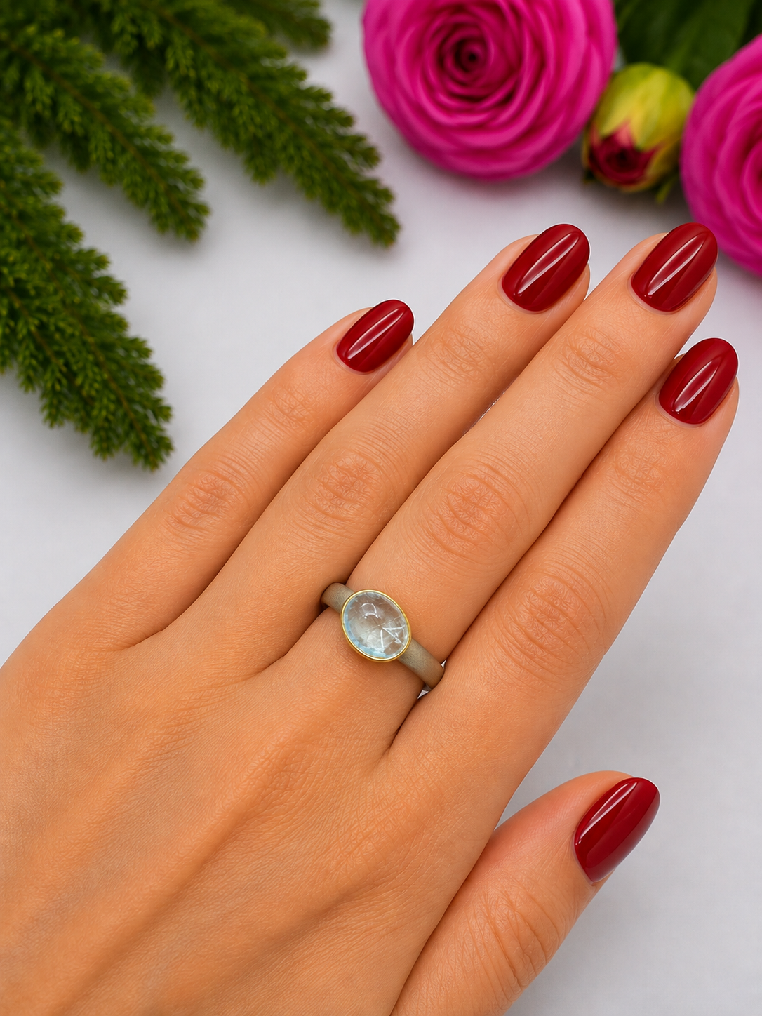 Aquamarin Ring - 60 mattiert vergoldet