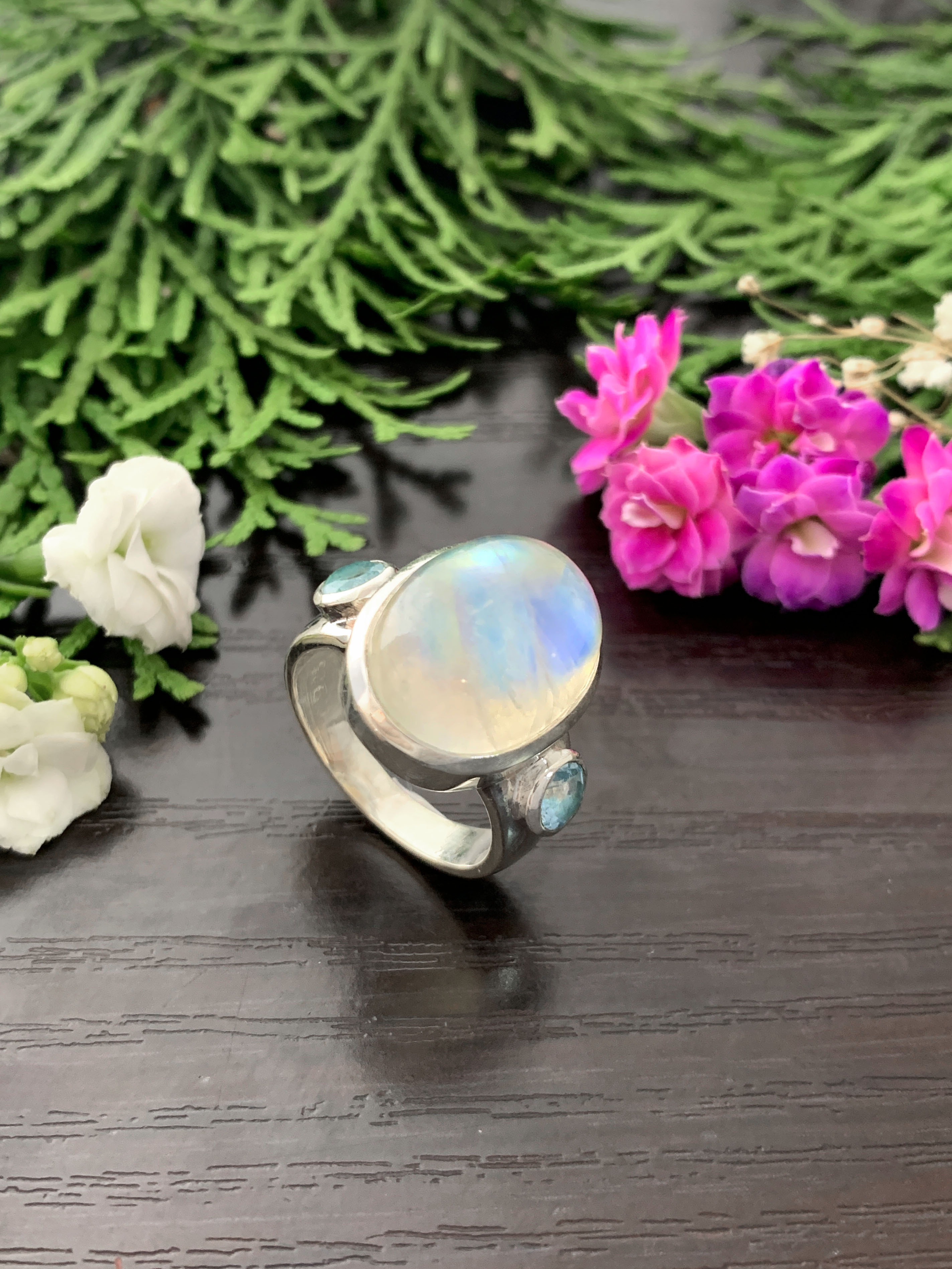 Moonstone Ring with Blue Topaz- TOP