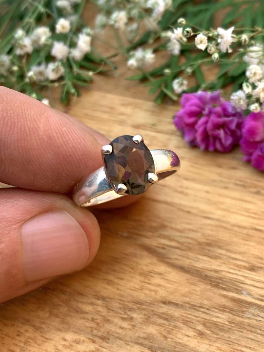 Natural Indicolite Tourmaline + fashion Smoky Quartz 925 Ring